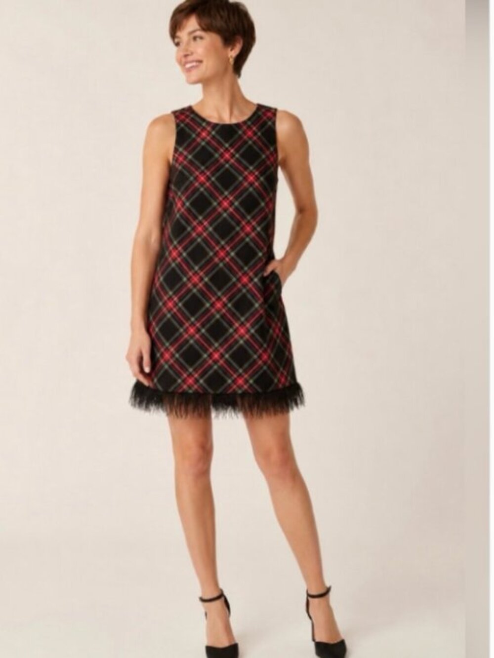 J. Crew Feather Fur Trim Stewart Tartan Dress Black Red Size 6